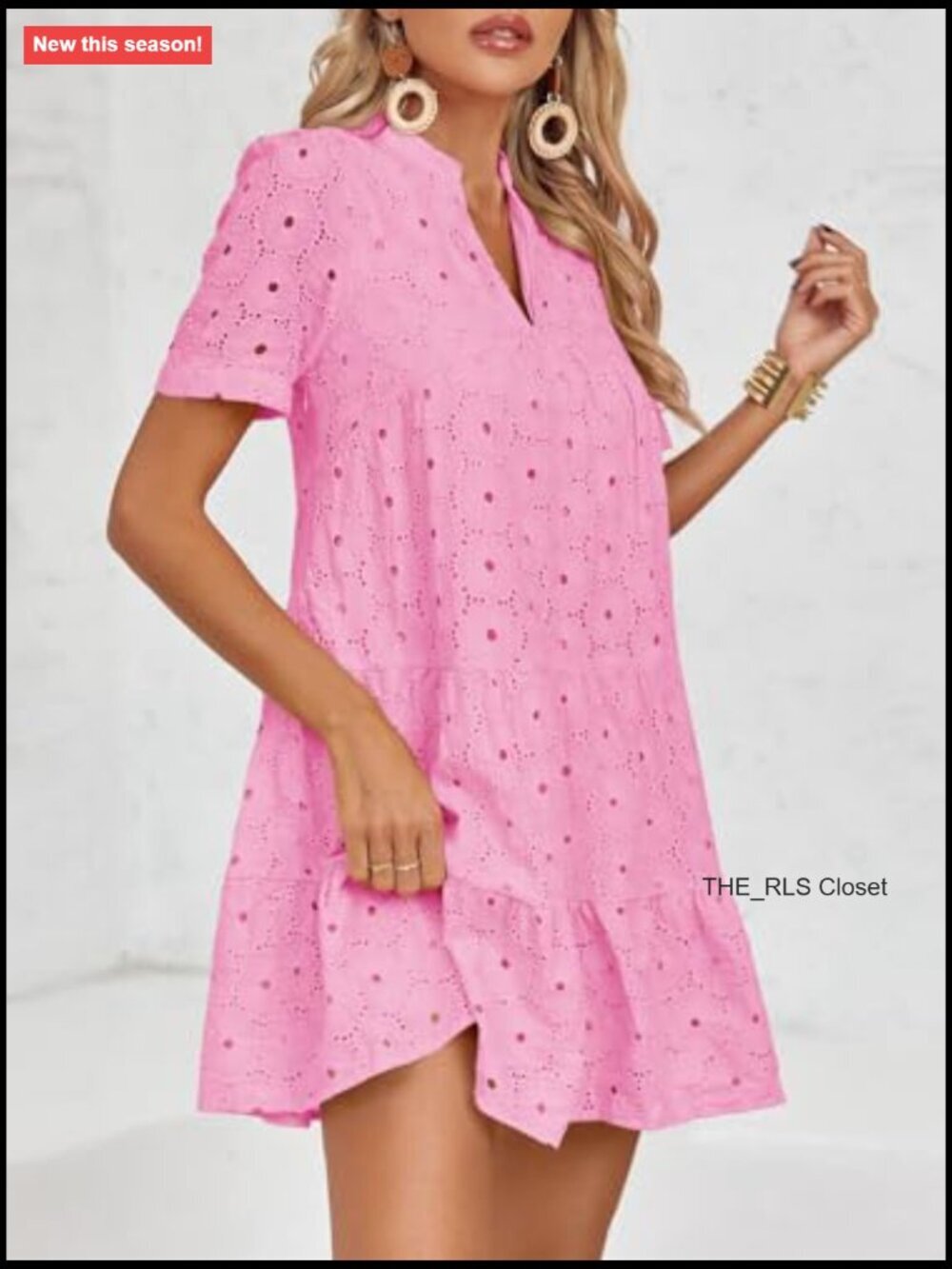 Women's Eyelet Lace Babydoll Swing Dress V-Neck Short Sleeve - Picture 3 of 7